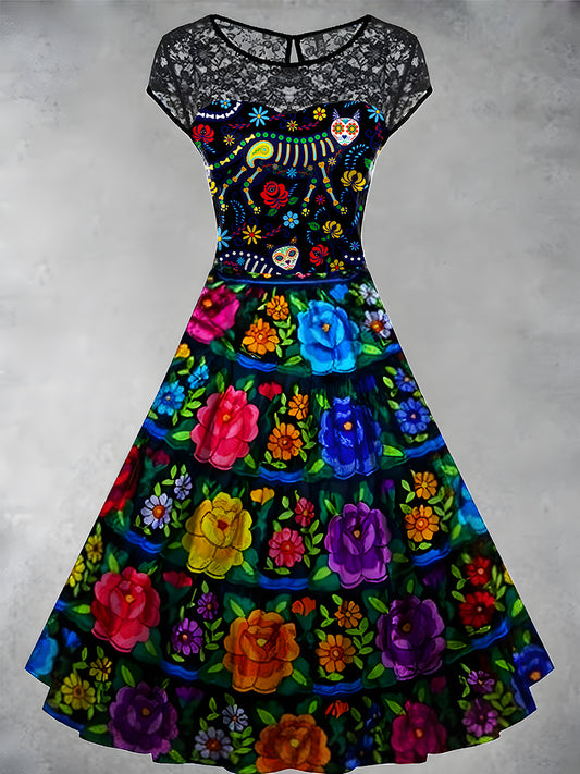 Vestido midi de encaje elegante estampado de arte floral mexicano vintage para mujer