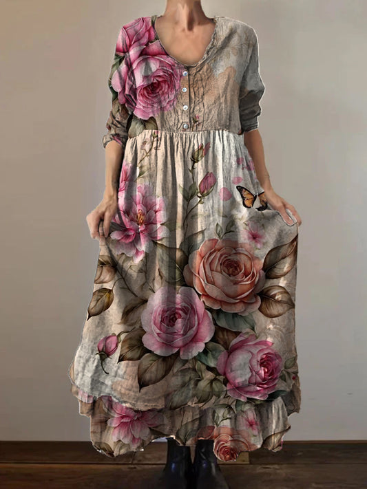 Vintage cuello redondo bohemio estampado floral elegante chic suelto vestido midi
