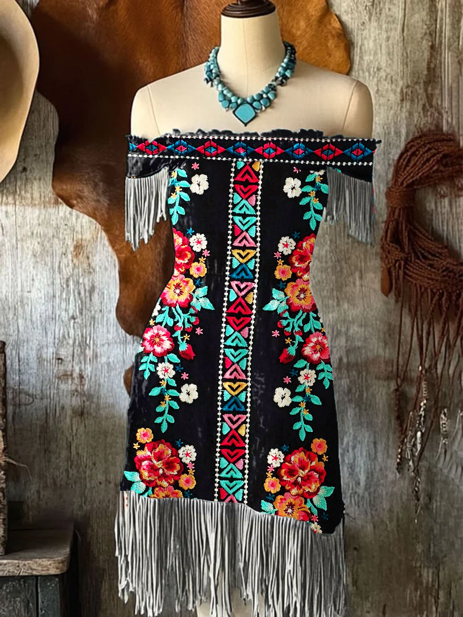 Mujer Vintage Mexicano Floral Art Print Con Flecos Off Shoulder Midi