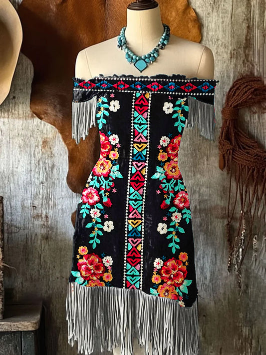 Mujer Vintage Mexicano Floral Art Print Con Flecos Off Shoulder Midi
