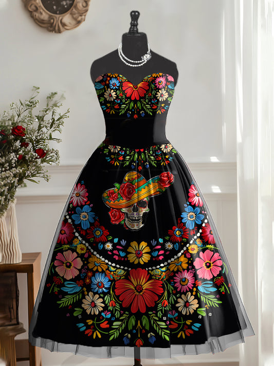 Vestido de midi elegante con estampado floral mexicano vintage para mujer
