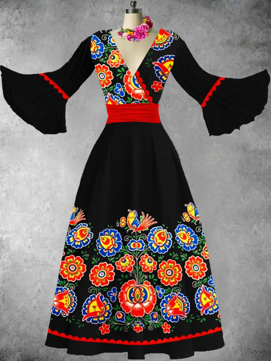 Vestido midi de manga de campana con cuello en V estampado floral de festival mexicano vintage