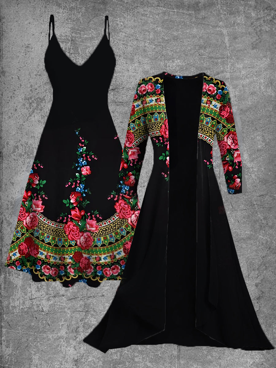 Vestido midi de dos piezas vintage con estampado de arte floral mexicano