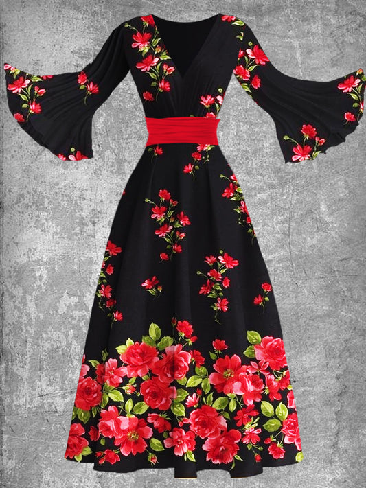 Vintage Floral Art Print V cuello elegante vestido de Midi