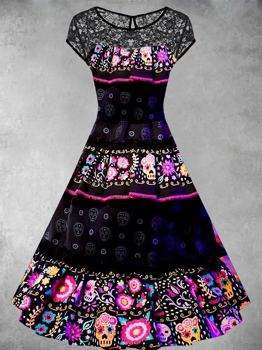 Vestido midi de encaje elegante estampado de arte floral mexicano vintage para mujer