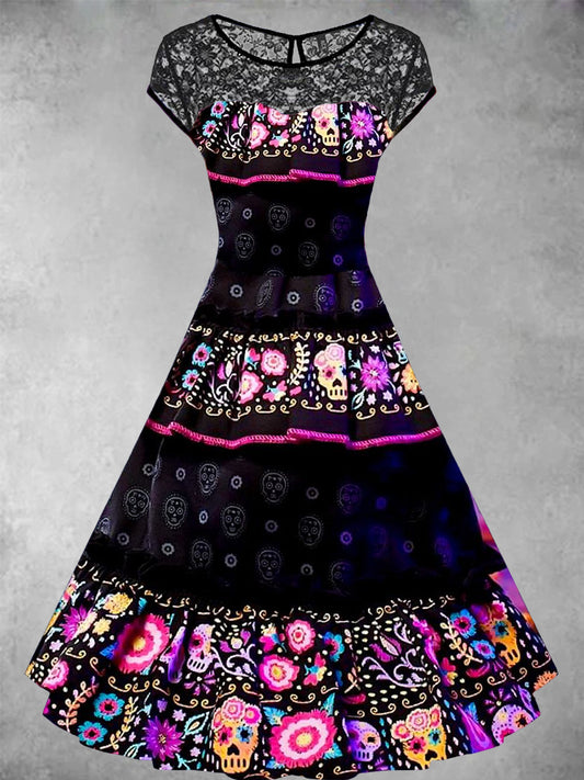 Vestido midi de encaje elegante estampado de arte floral mexicano vintage para mujer