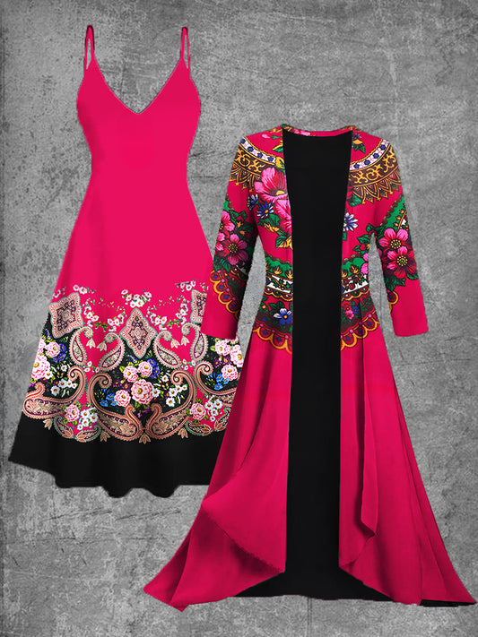 Vestido midi de dos piezas vintage con estampado de arte floral mexicano
