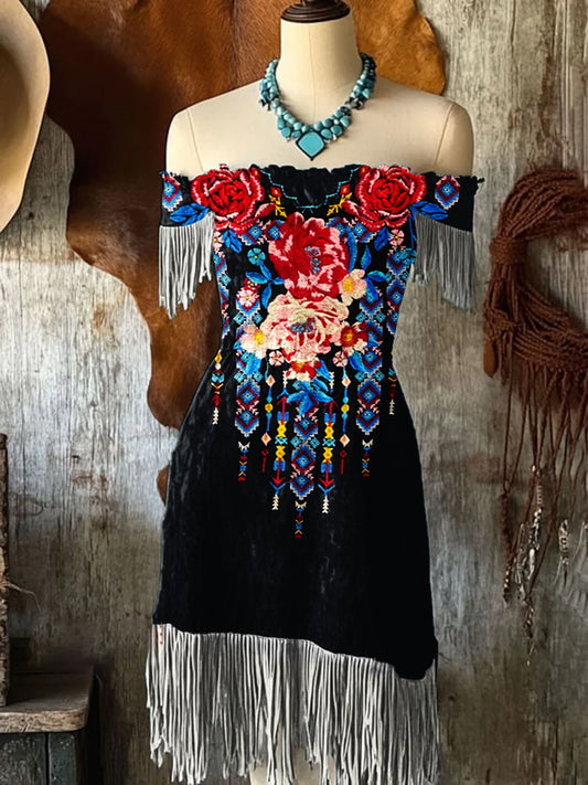 Mujer Vintage Mexicano Floral Art Print Con Flecos Off Shoulder Midi