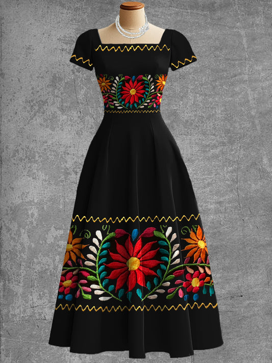Vestido Midi elegante mexicano de la impresión floral del arte de la vendimia de las mujeres