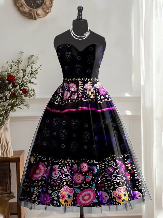 Vestido de midi elegante con estampado floral mexicano vintage para mujer