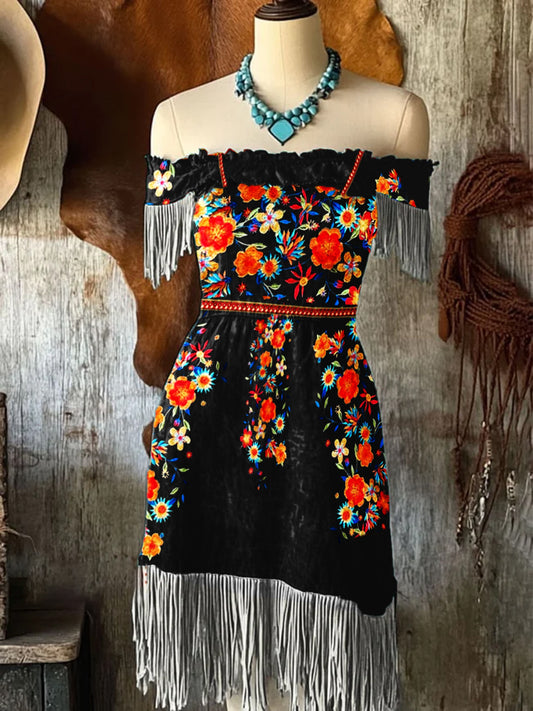 Mujer Vintage Mexicano Floral Art Print Con Flecos Off Shoulder Midi