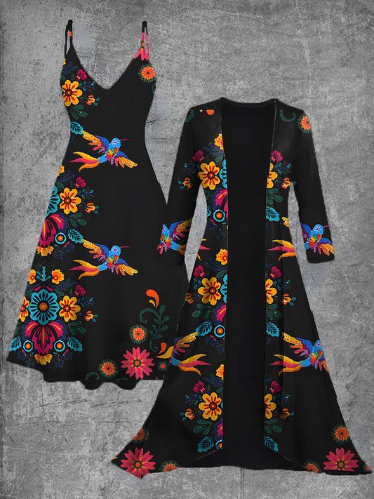Vestido midi de dos piezas vintage con estampado de arte floral mexicano