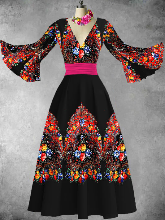 Vestido midi de manga de campana con cuello en V estampado floral de festival mexicano vintage