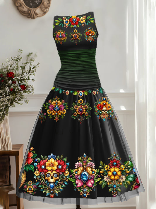 Vestido Midi elegante mexicano de la impresión floral del arte de la vendimia de las mujeres