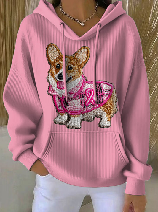 Cáncer de mama de las mujeres Corgi impreso cuello redondo manga larga con capucha