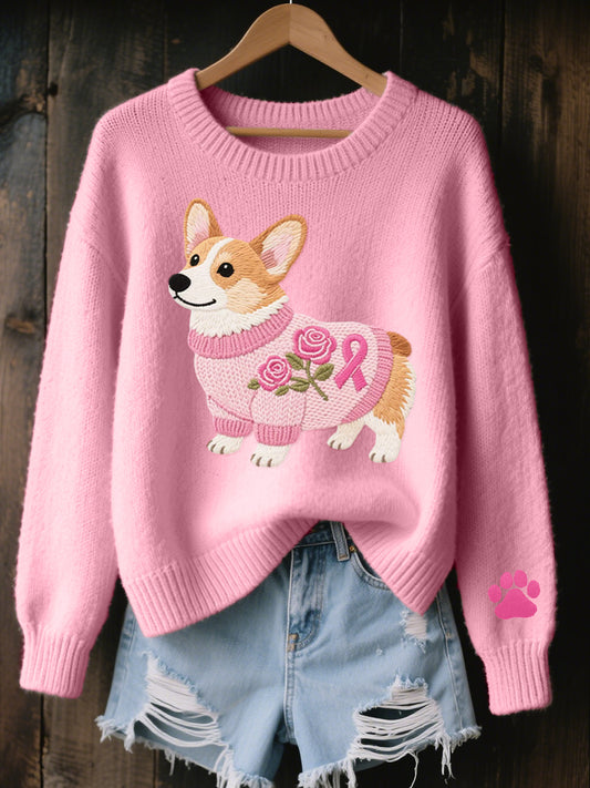 Suéter encantador del punto acogedor bordado del perro del Corgi de las mujeres