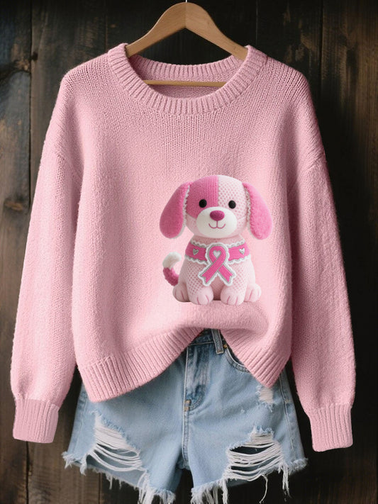 Suéter de punto acogedor estampado rosa cáncer de mama de mujer