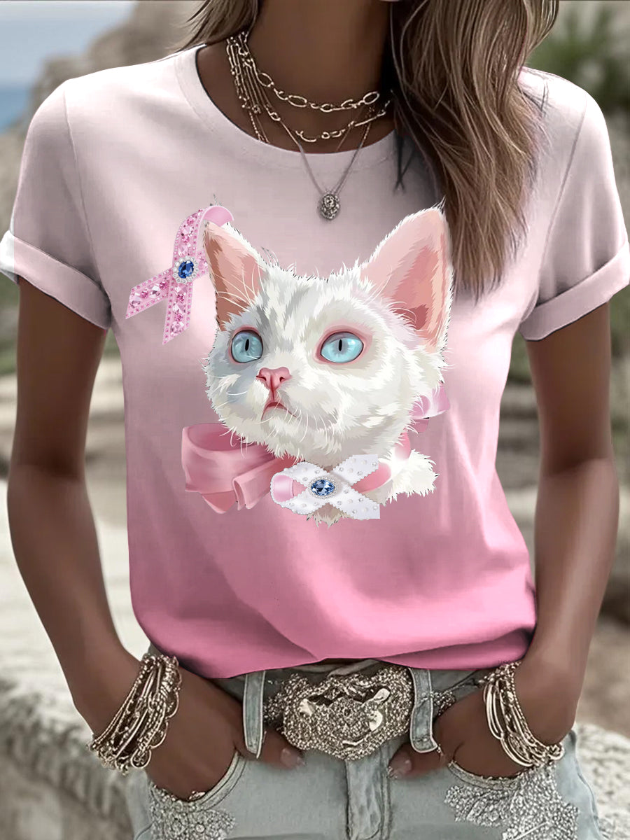 Mujeres lindo gato y diamante cinta cáncer de mama tema casual cuello redondo manga corta