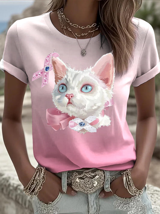 Mujeres lindo gato y diamante cinta cáncer de mama tema casual cuello redondo manga corta