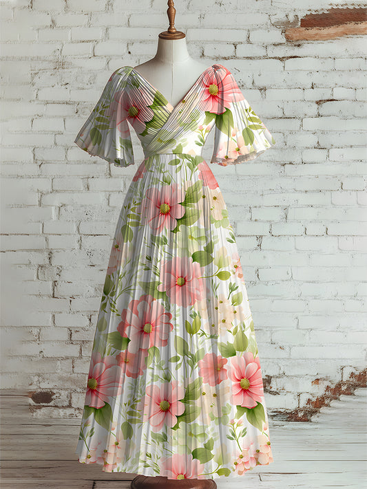 Mujeres Vintage Floral Art Print V cuello manga corta elegante vestido de Midi