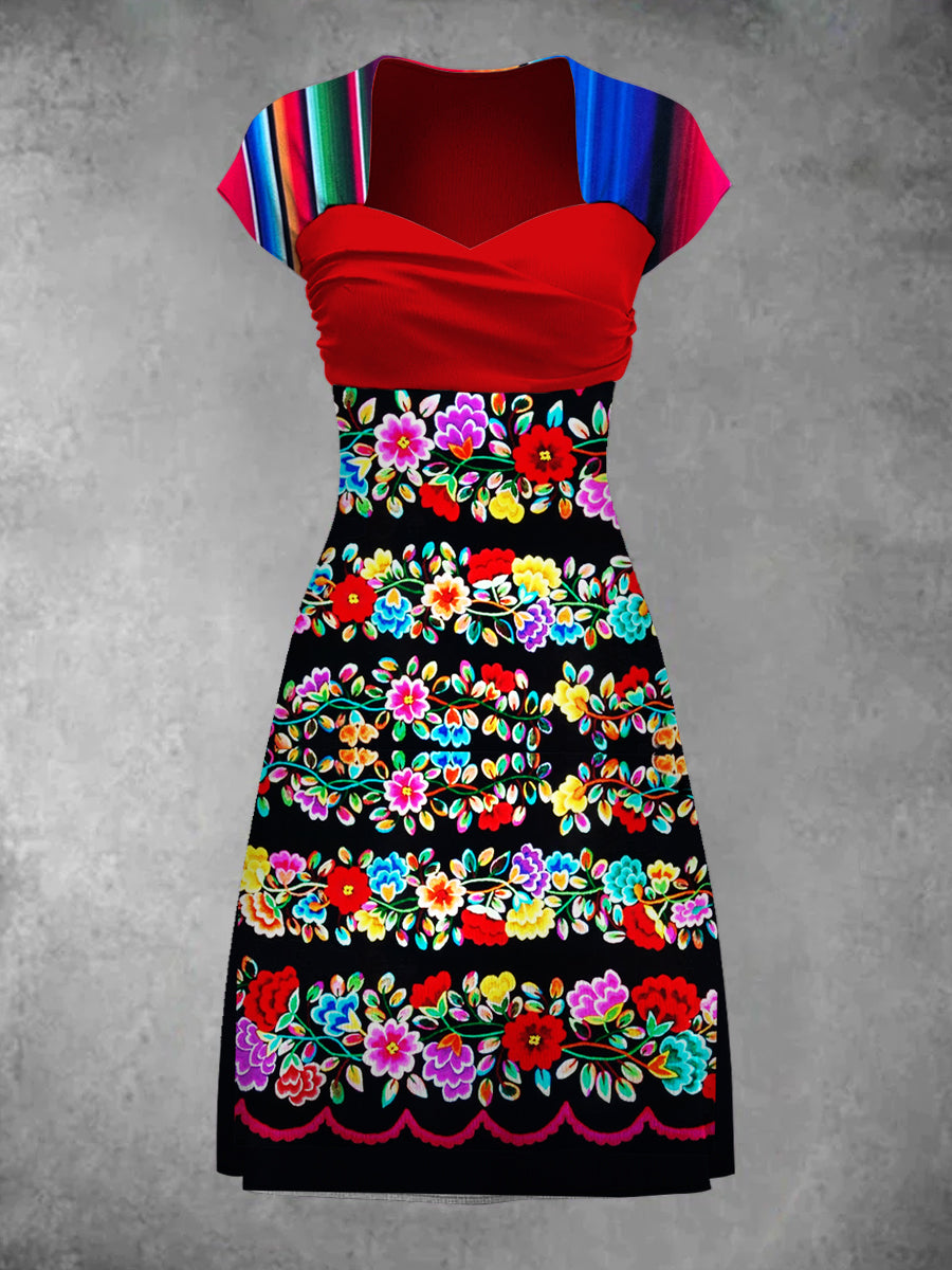 Vestido de manga corta estampado de arte de flores mexicanas retro