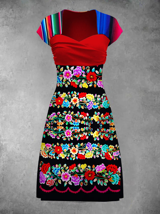 Vestido de manga corta estampado de arte de flores mexicanas retro