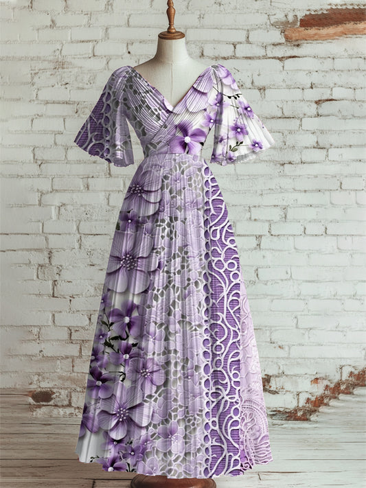 Mujeres Vintage Floral Art Print V cuello manga corta elegante vestido de Midi