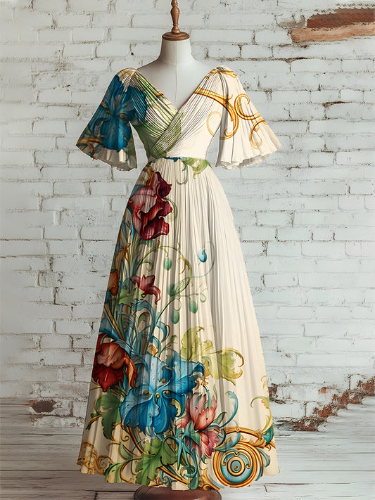 Mujeres Vintage Floral Art Print V cuello manga corta elegante vestido de Midi