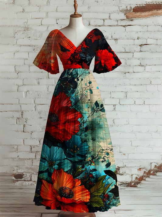Mujeres Vintage Floral Art Print V cuello manga corta elegante vestido de Midi
