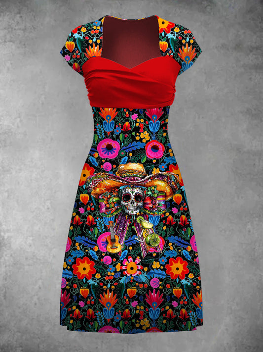 Vestido de manga corta estampado de arte de flores mexicanas retro