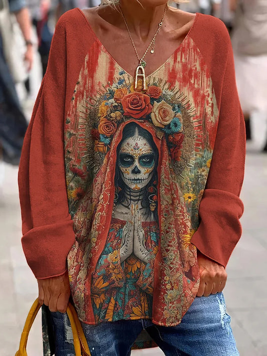 Vintage Mexican Day of the Dead Art Print Top con cuello en V