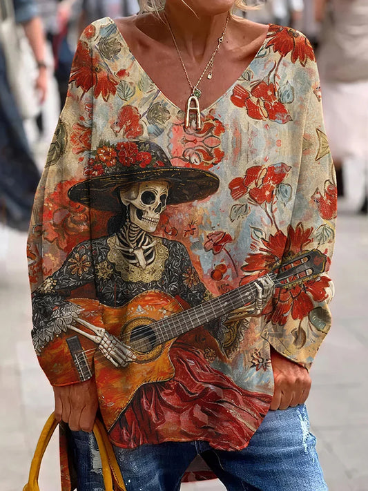 Vintage Mexican Day of the Dead Art Print Top con cuello en V