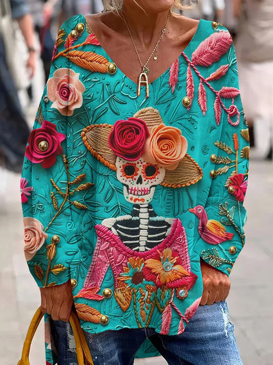Vintage Mexican Day of the Dead Art Print Top con cuello en V