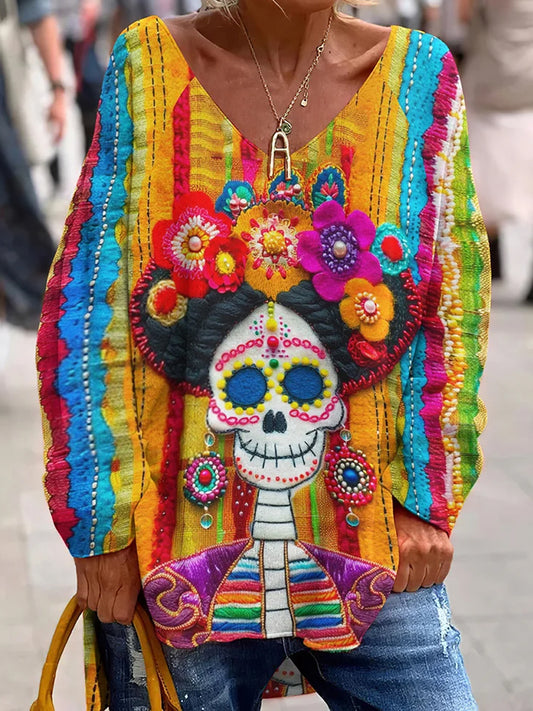 Vintage Mexican Day of the Dead Art Print Top con cuello en V