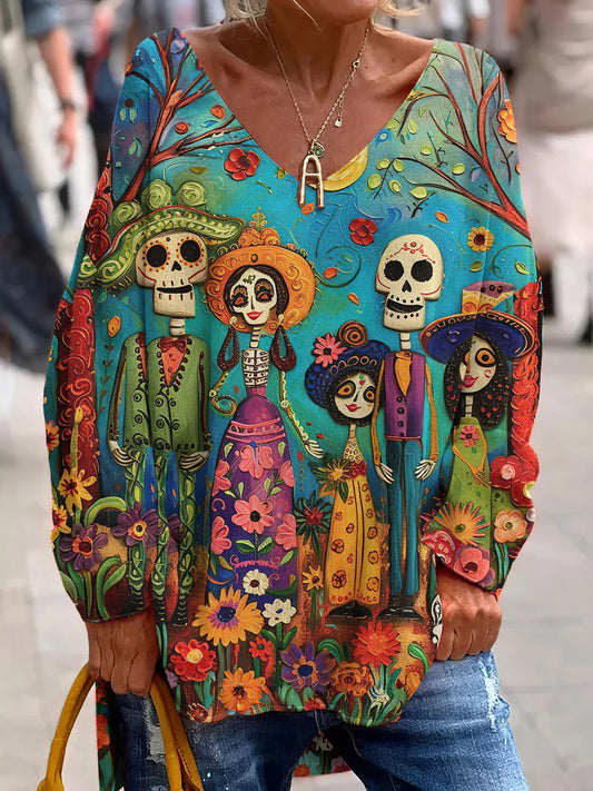 Vintage Mexican Day of the Dead Art Print Top con cuello en V