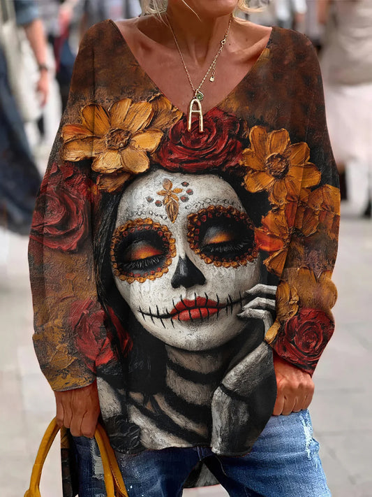 Vintage Mexican Day of the Dead Art Print Top con cuello en V