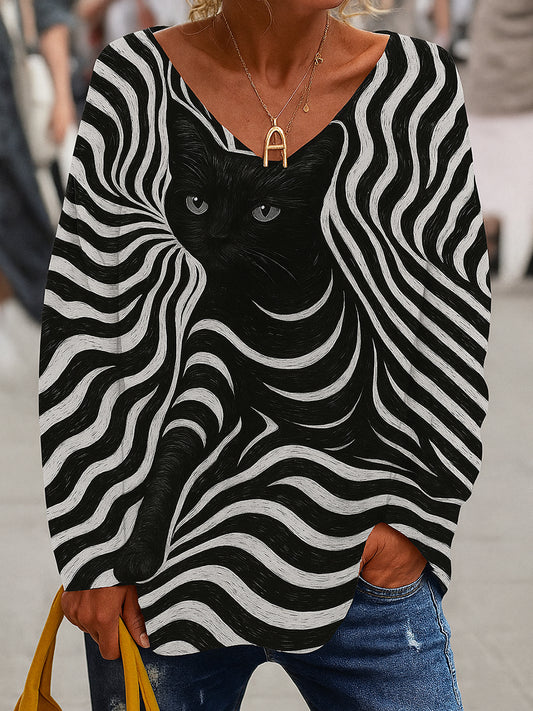 Camiseta de manga larga casual con estampado animal retro con cuello en V para mujer