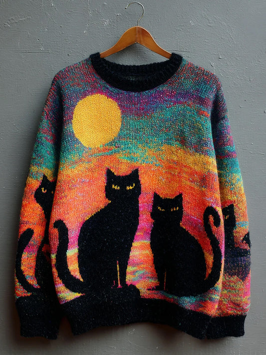 Suéter casual con estampado de gato negro retro para mujer