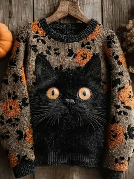 Suéter casual con estampado de gato negro retro para mujer