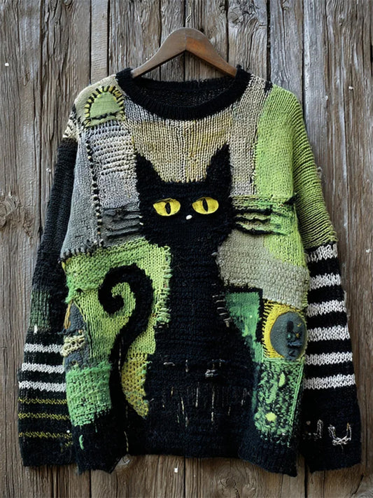 Suéter con estampado de arte de gato vintage para mujer