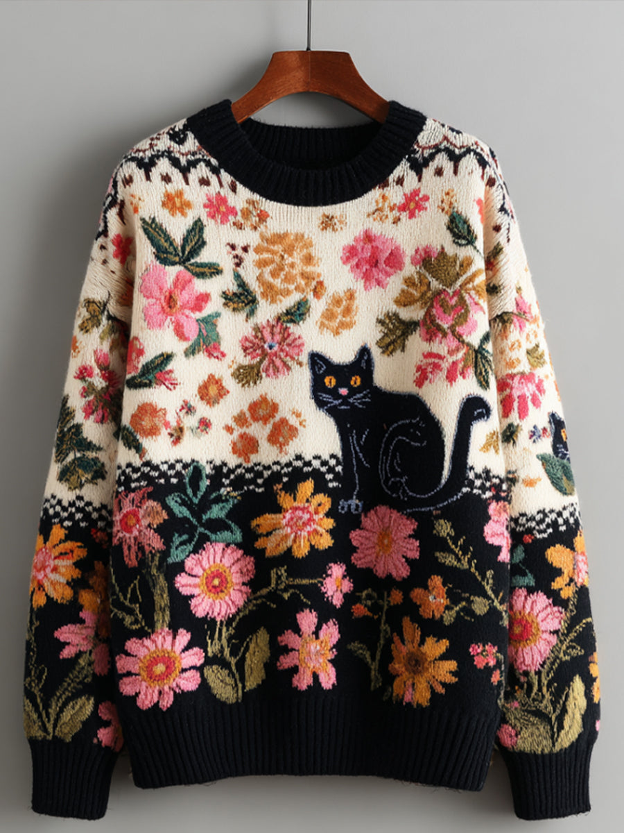 Suéter estampado de arte gatito floral vintage para mujer
