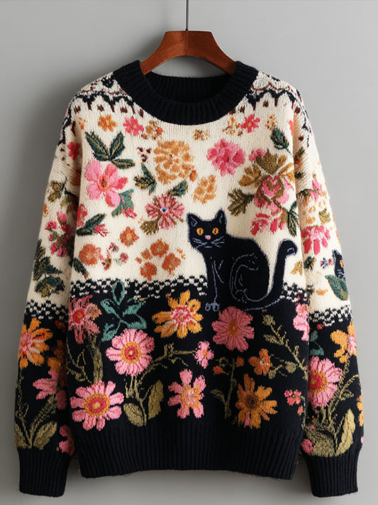 Suéter estampado de arte gatito floral vintage para mujer