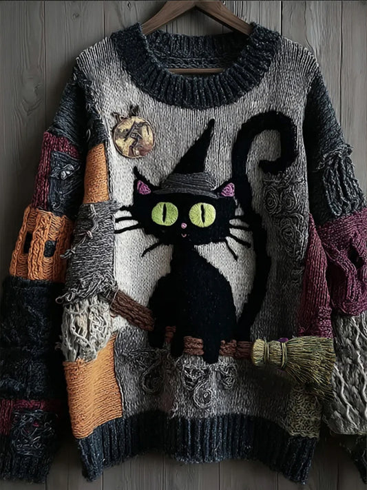 Suéter casual con estampado de gato negro retro para mujer