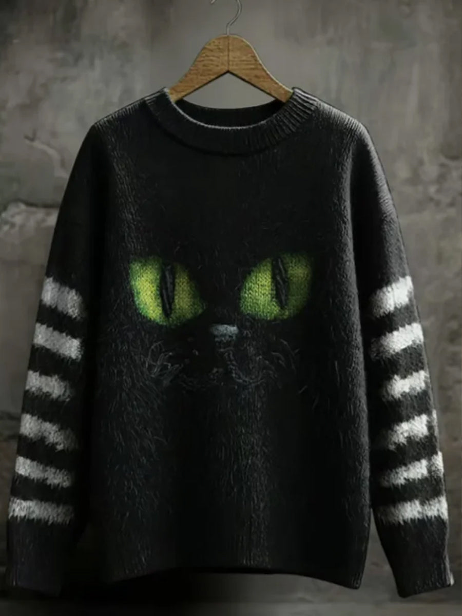 Suéter casual con estampado de gato negro retro para mujer