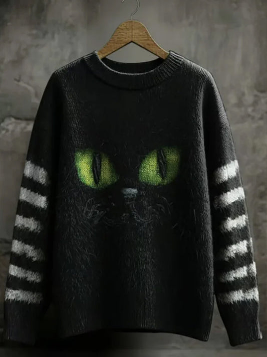 Suéter casual con estampado de gato negro retro para mujer