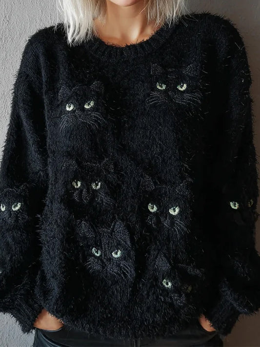 Suéter con estampado de arte de gato vintage para mujer