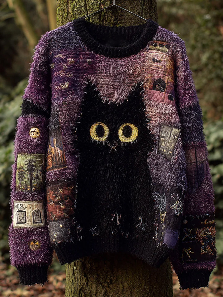 Suéter casual con estampado de gato negro retro para mujer