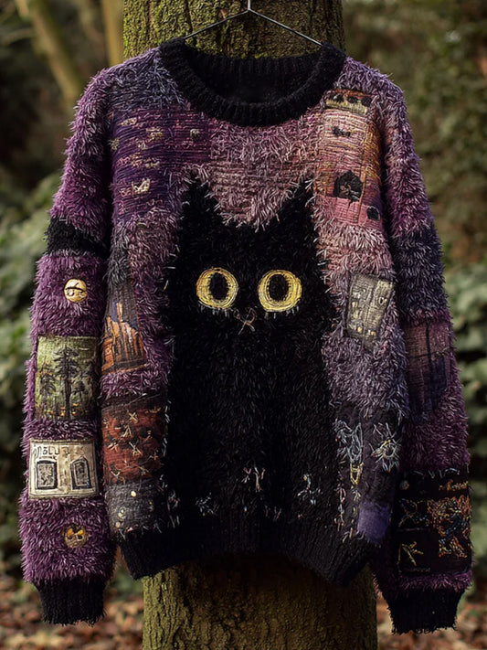 Suéter casual con estampado de gato negro retro para mujer