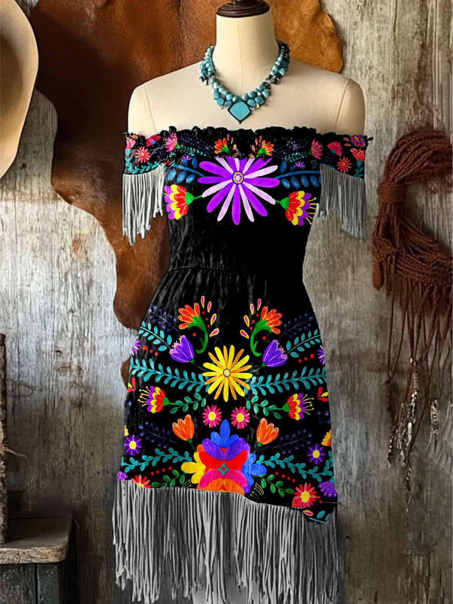Mujer Vintage Mexicano Floral Art Print Con Flecos Off Shoulder Midi