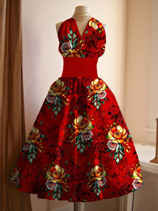 Vestido Midi elegante con cuello en V y estampado de arte floral vintage para mujer